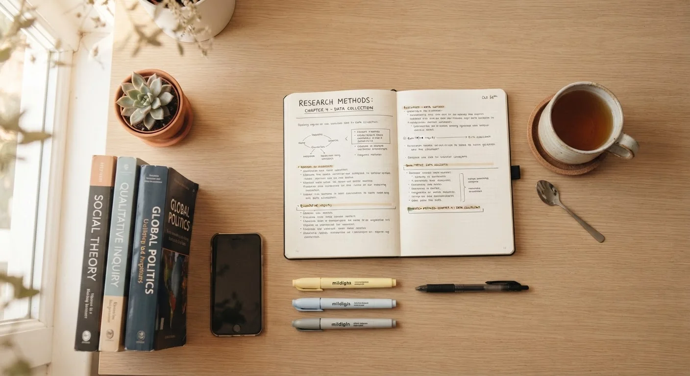 Organized study desk with open notebook, highlighters, textbooks, and cup of tea
