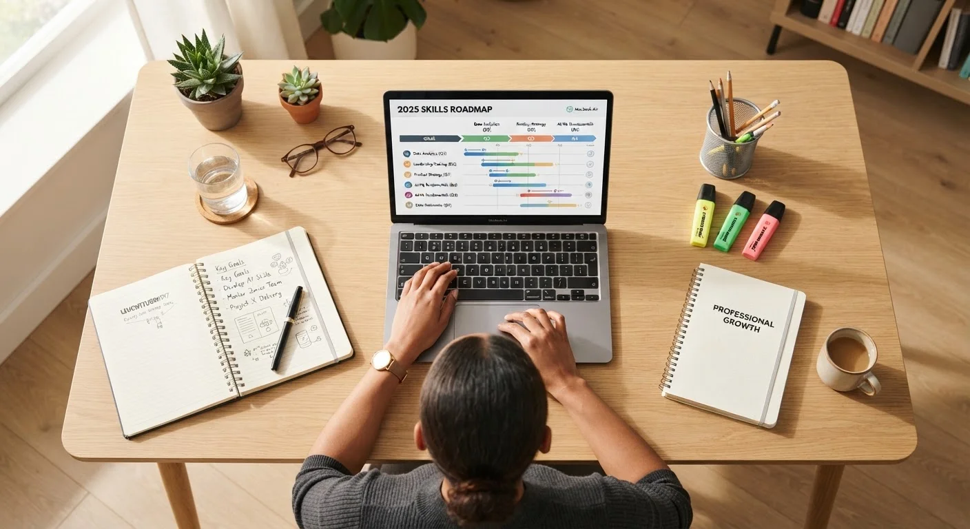 Professional reviewing a skills development roadmap on a laptop at a tidy desk