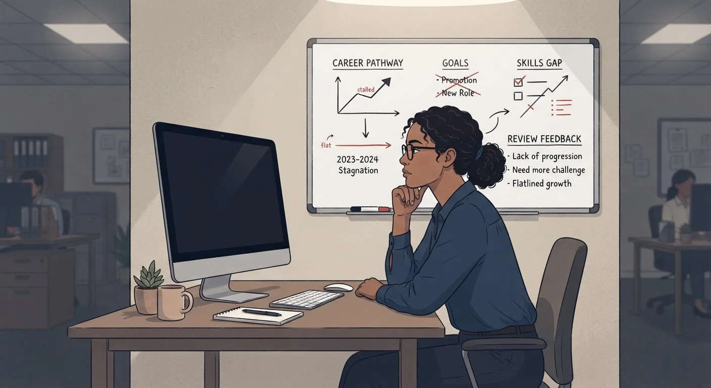 Professional staring at a blank screen surrounded by flat career growth charts in an office