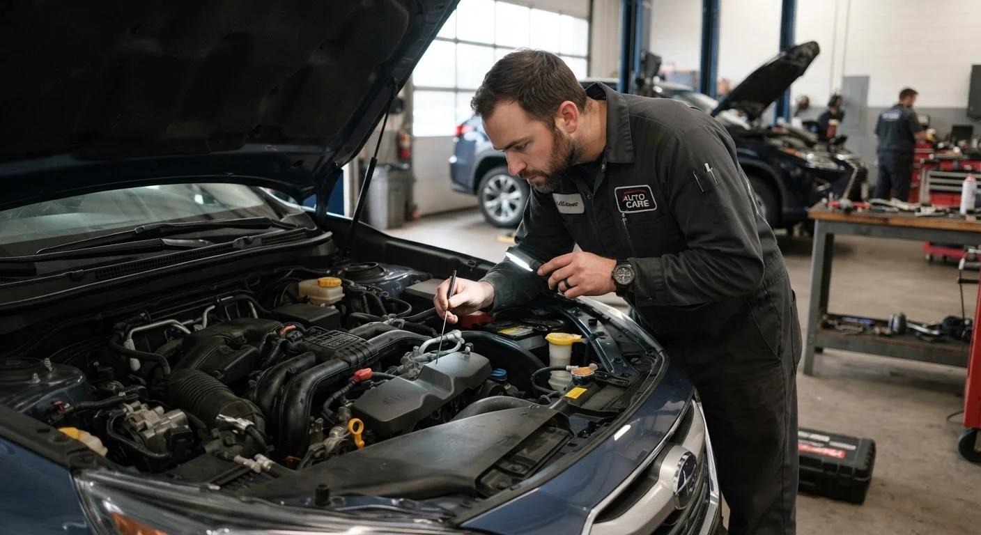 Mechanic carefully inspecting engine components under the open hood of a car
