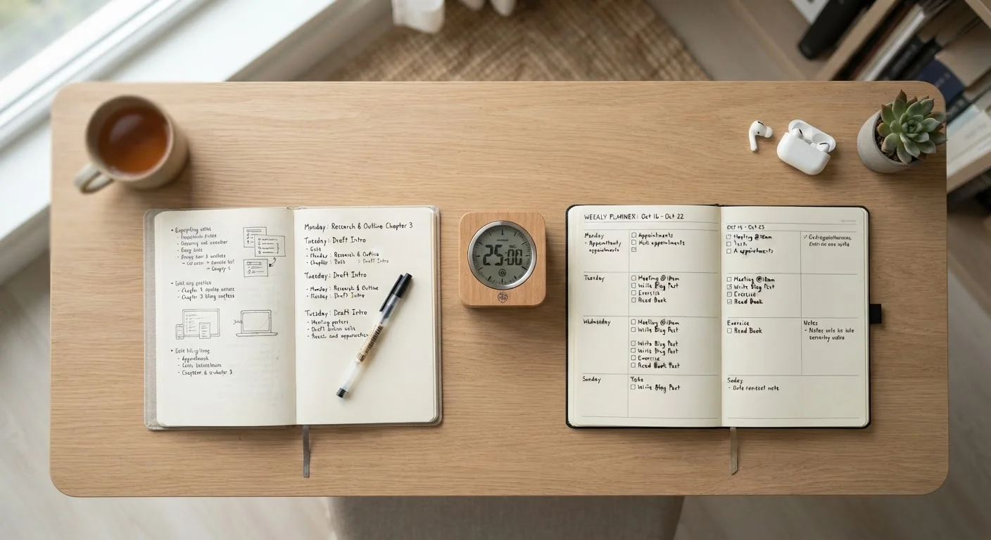A timer and a weekly planner notebook placed side by side on a clean study desk