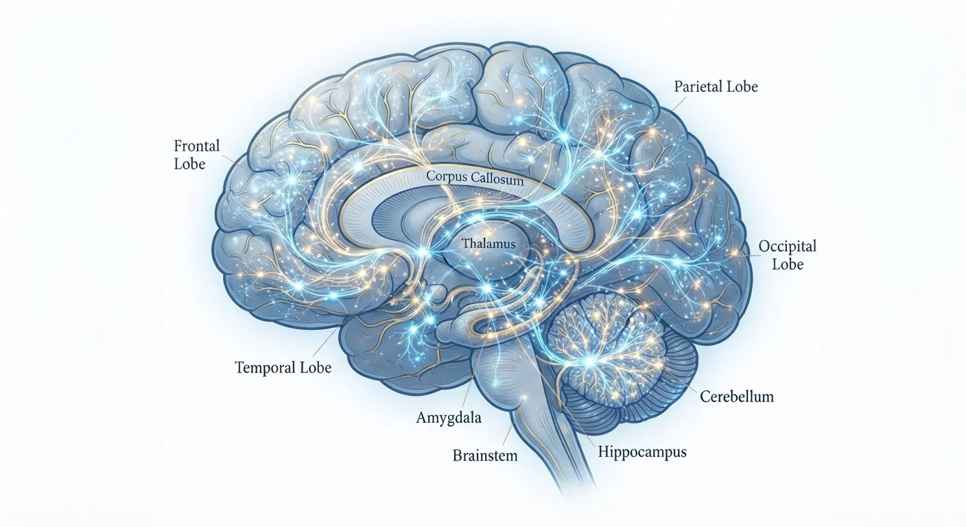 Illustrated human brain with glowing neural pathways representing memory encoding and storage