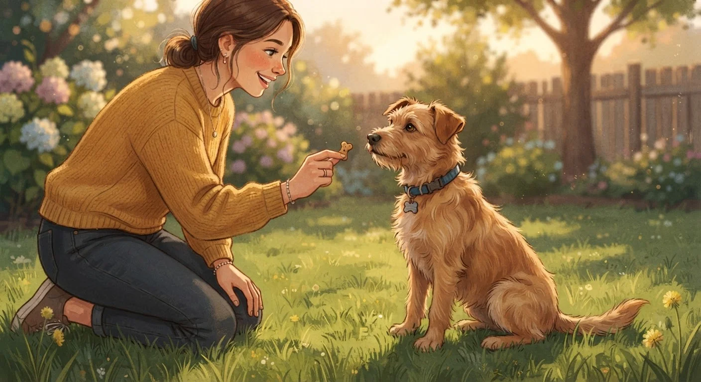 Person offering a treat to an attentive dog during an outdoor training session