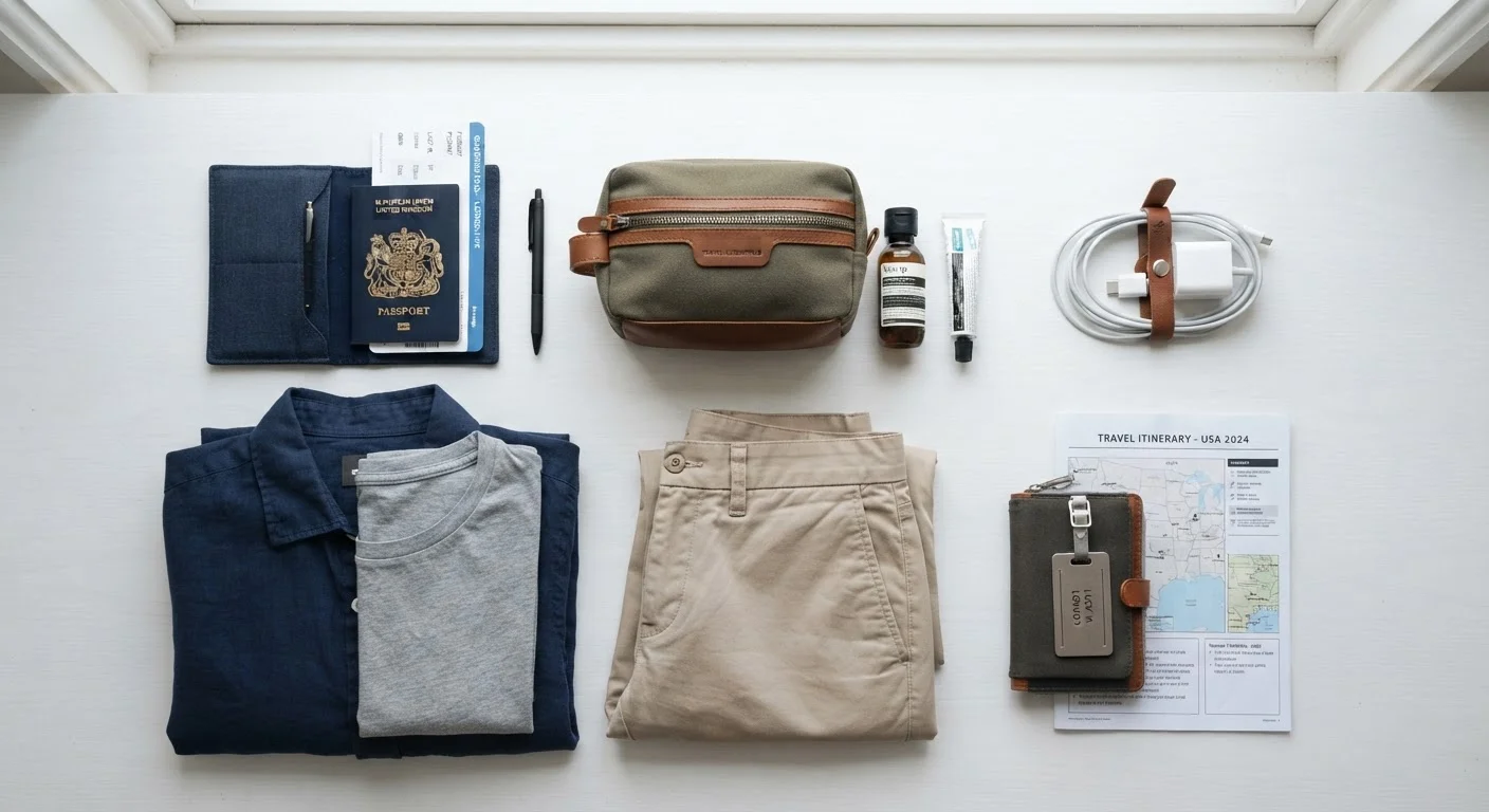 Overhead flat lay of organised travel essentials including passport, clothing, toiletries, and tech accessories