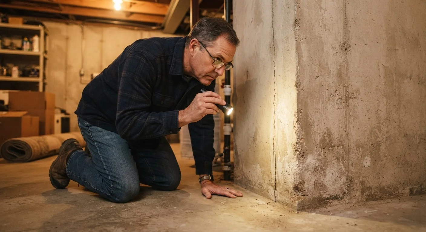Homeowner using a flashlight to inspect a hairline crack in a basement wall corner