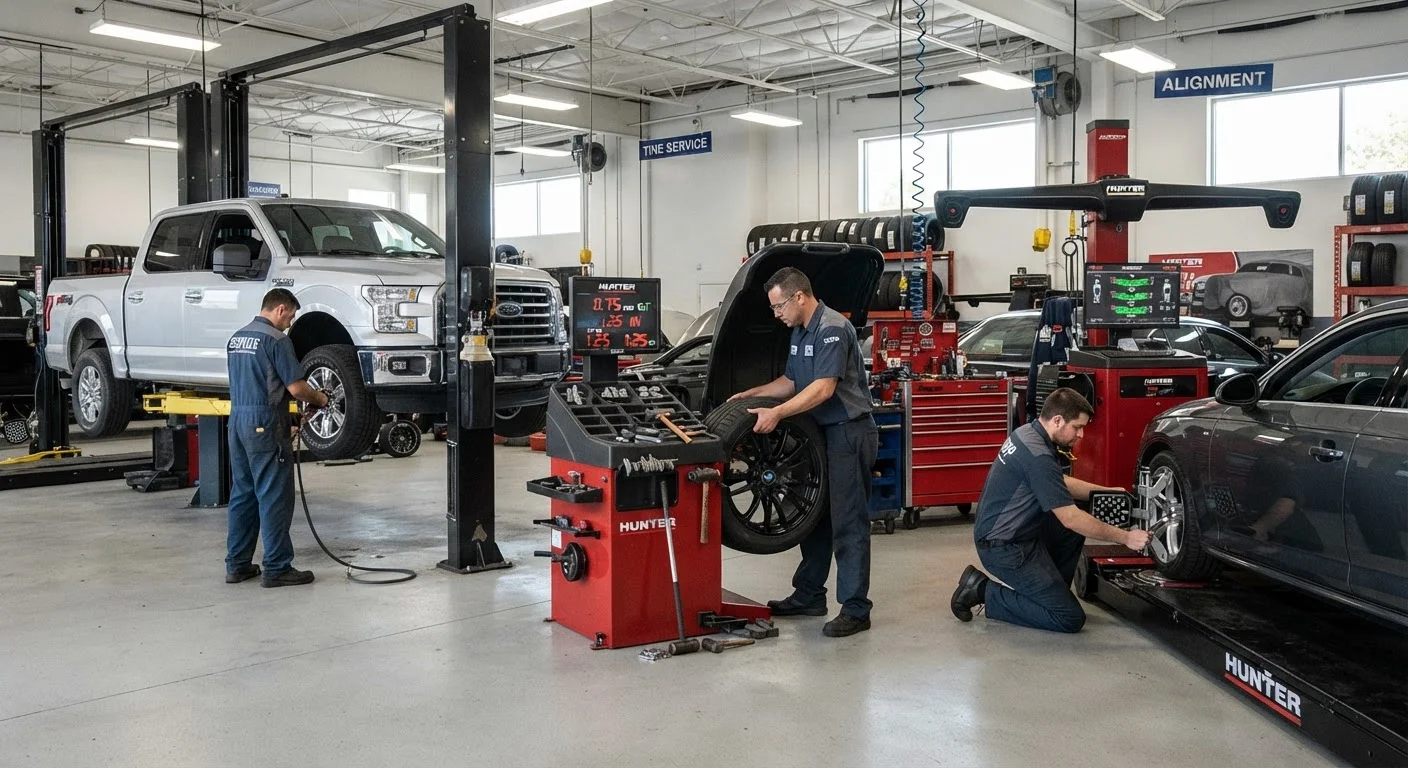 Three tire services shown in an automotive shop: rotation, balancing, and wheel alignment equipment