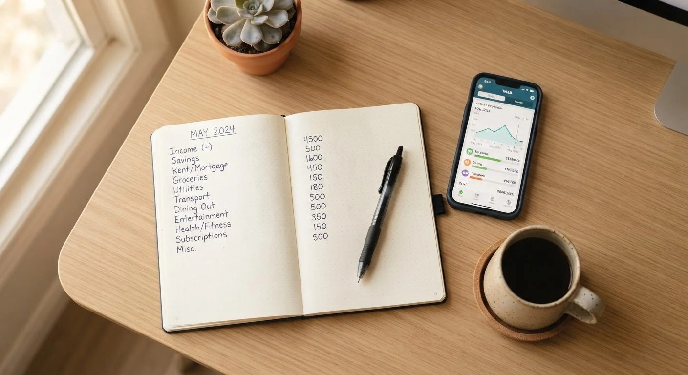 Open budget notebook with handwritten expense categories next to a smartphone and coffee cup