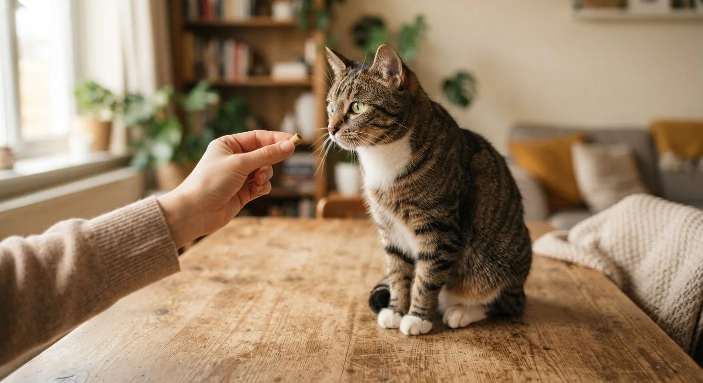 A tabby cat sitting attentively and focusing on a treat offered by a human hand during training