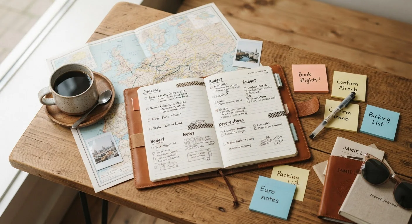 Open travel planner with map, sticky notes, and coffee cup on a wooden table.