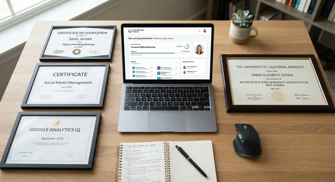 Laptop showing online learning dashboard beside printed certificates and degree documents on a desk