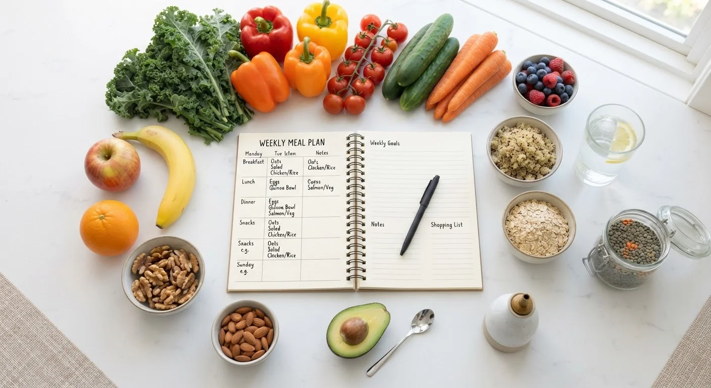 Weekly meal planning journal surrounded by colorful fresh vegetables, fruits, and whole grains on a white counter.