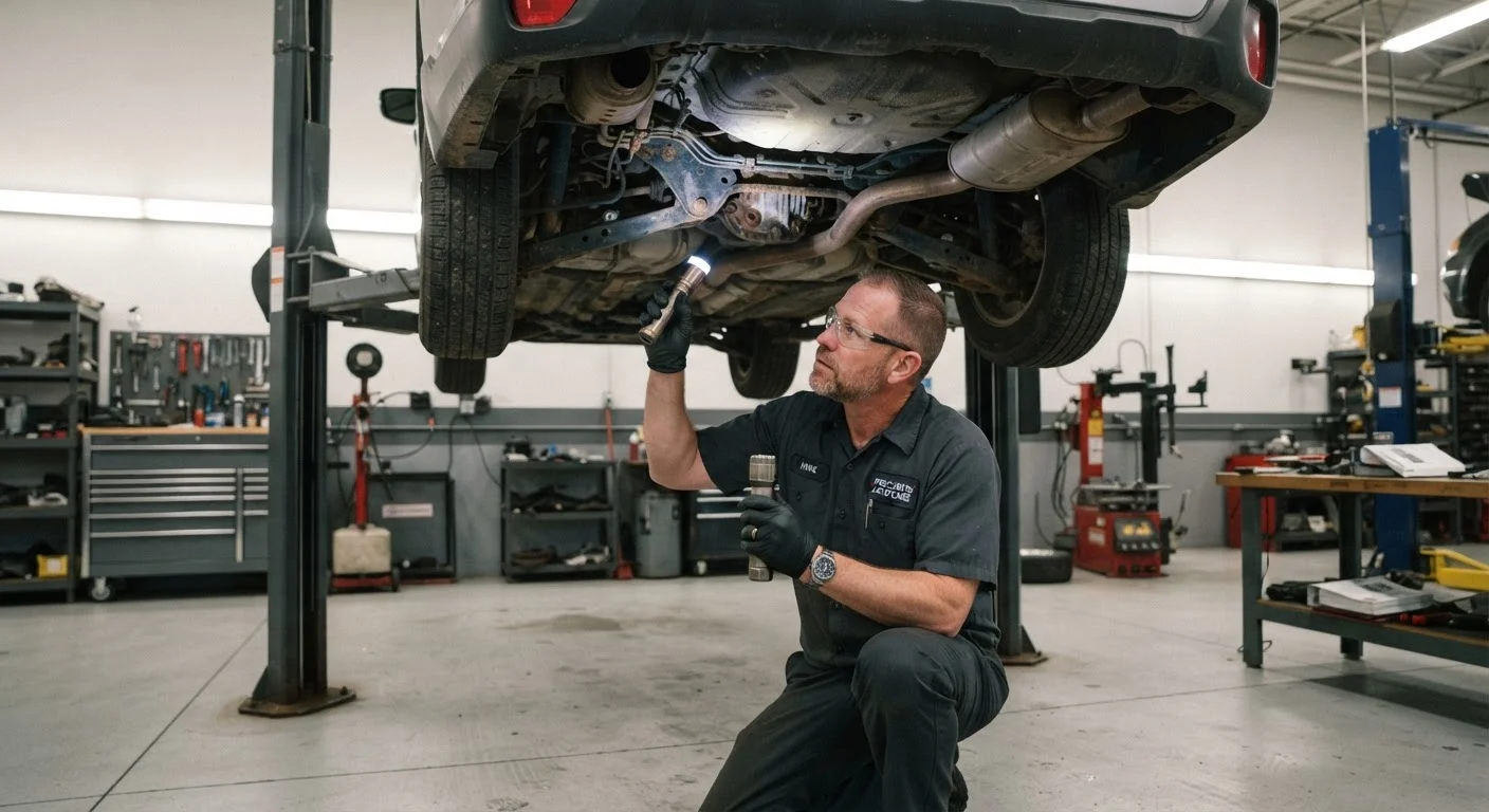 Mechanic using a flashlight to inspect the underside of a used car on a hydraulic lift
