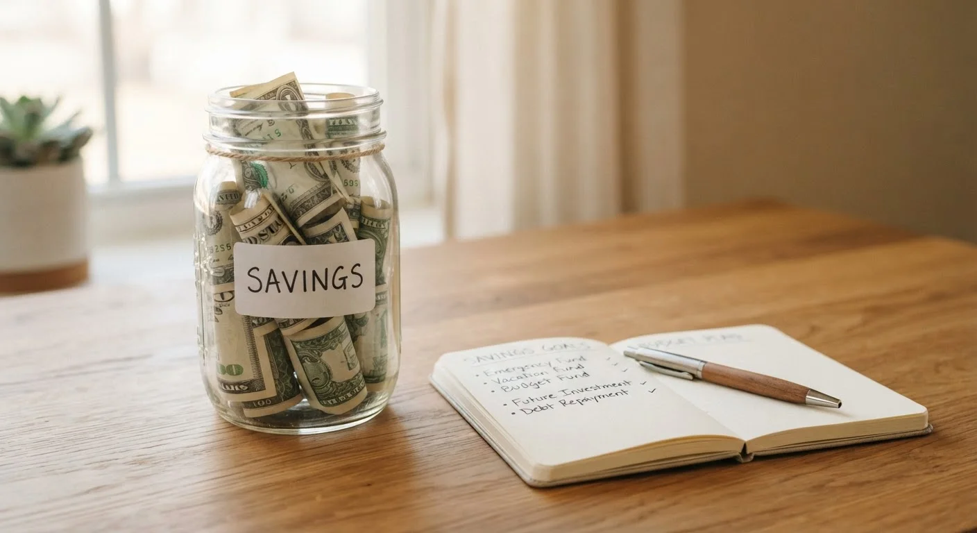 Glass jar filled with dollar bills on a wooden desk beside a notebook, representing an emergency fund