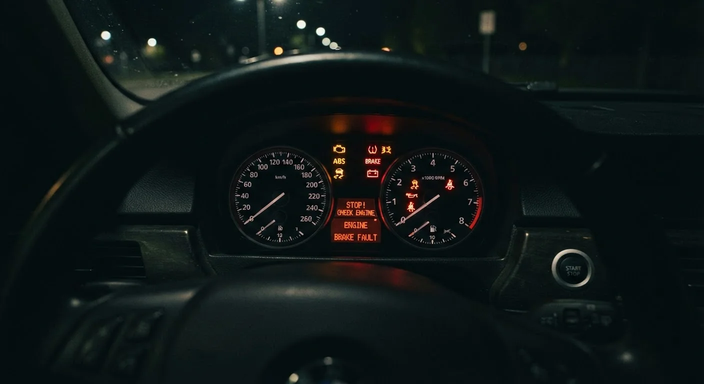 Car dashboard displaying multiple illuminated warning lights in amber and red at night