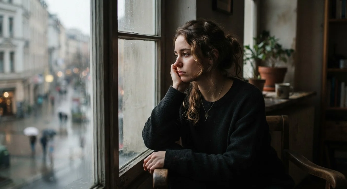 A person sitting by a window looking reflective and emotionally drained in soft light