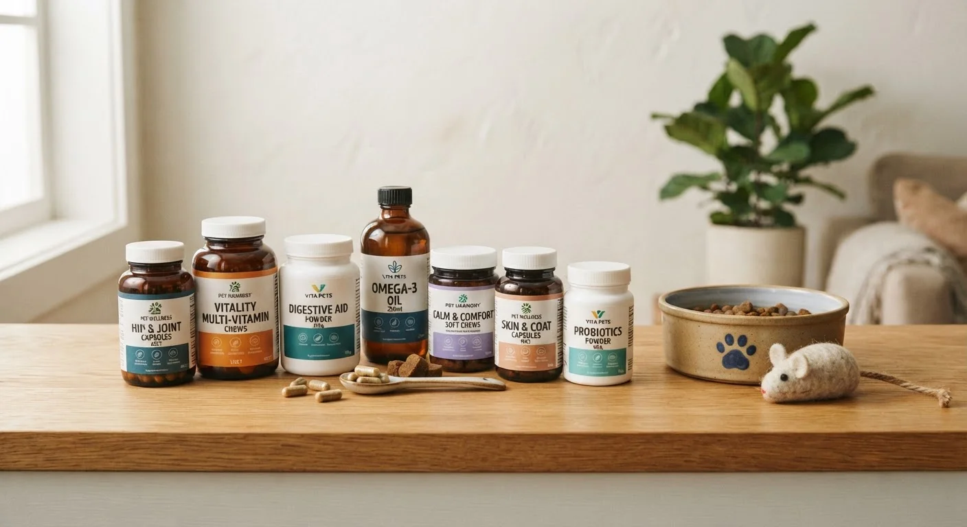 Assorted pet supplement bottles and capsules arranged near a dog bowl on a wooden surface