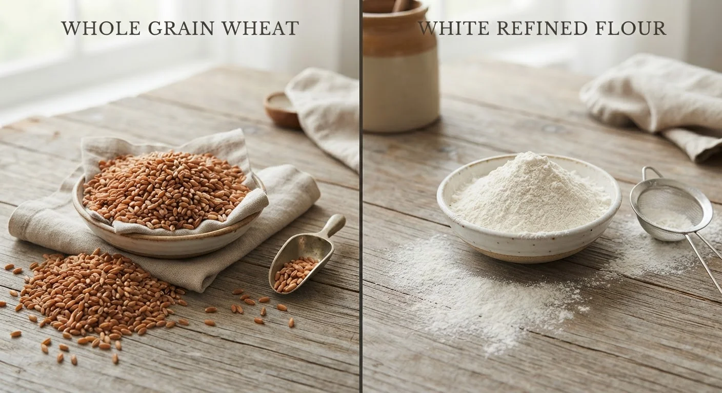 Whole wheat grains on the left and refined white flour on the right, side by side