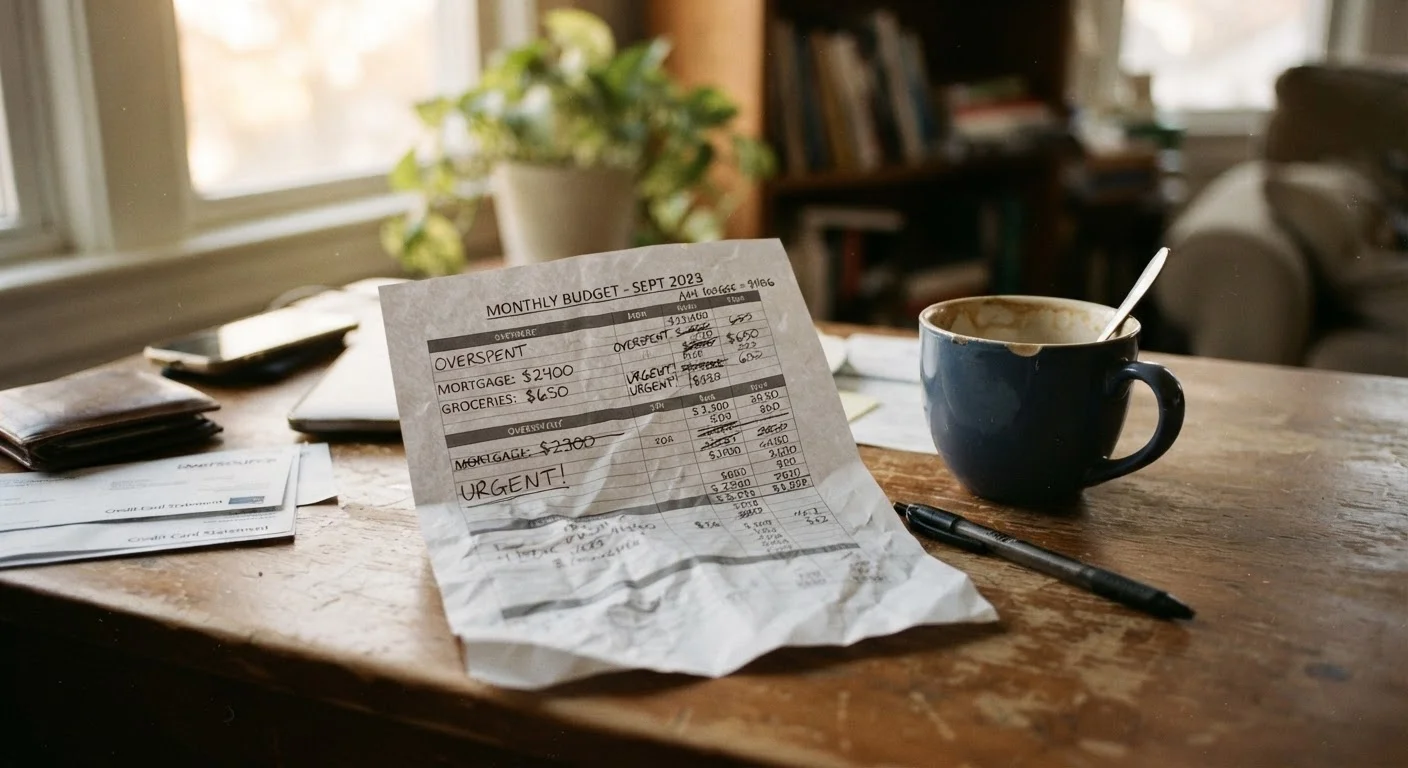Crumpled budget spreadsheet on a desk beside a coffee cup in morning light