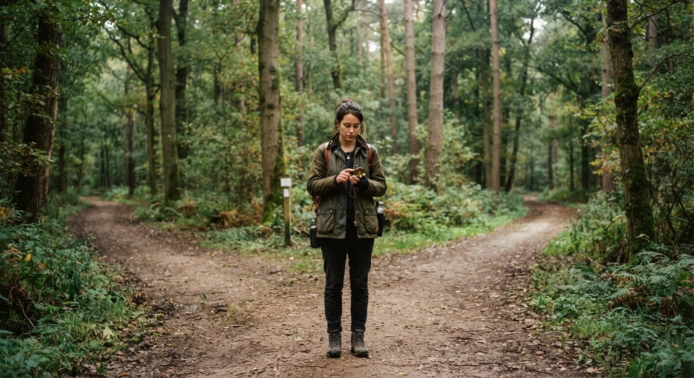 Person standing at a fork in a forest path, holding a compass and looking thoughtful