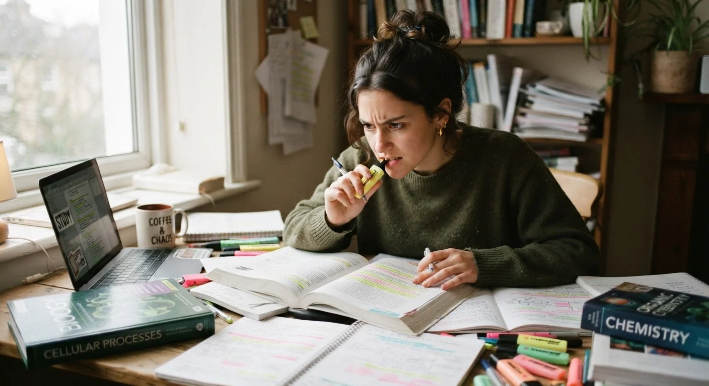 Student surrounded by highlighted textbooks and study notes at a cluttered desk