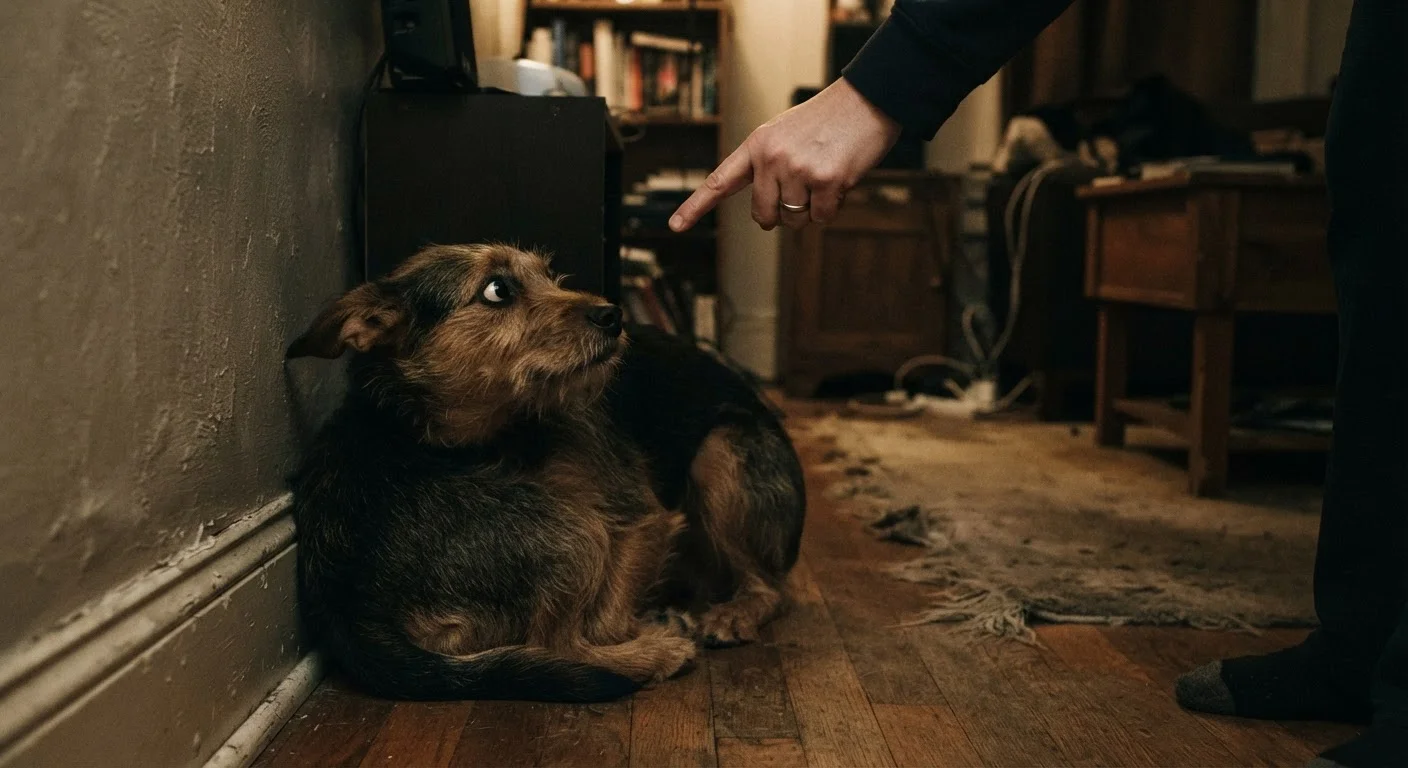 A fearful dog cowering on the floor in response to a stern human gesture