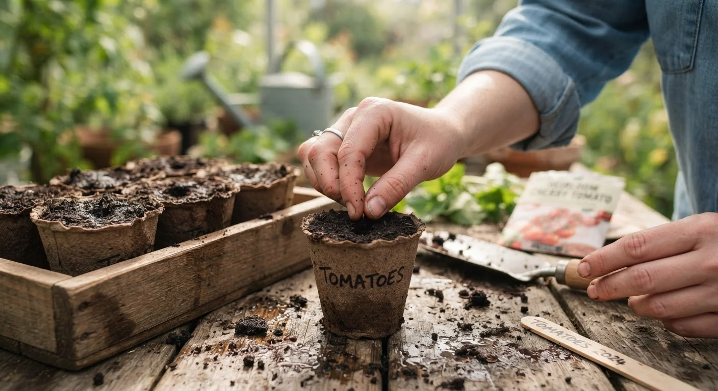 Hands pressing seeds into dark moist soil in small seed-starting pots on a wooden table