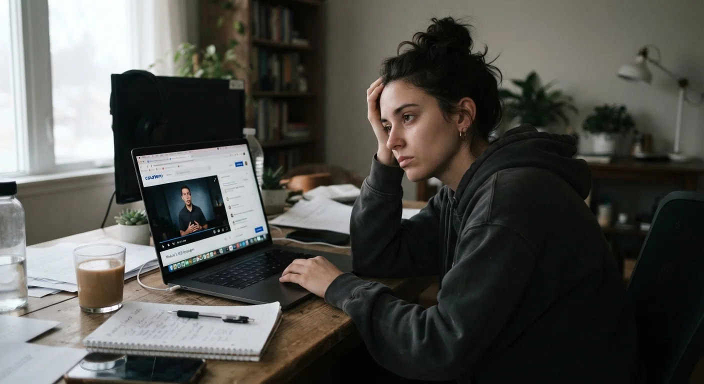 Person at a laptop with an incomplete online course open on screen, appearing disengaged