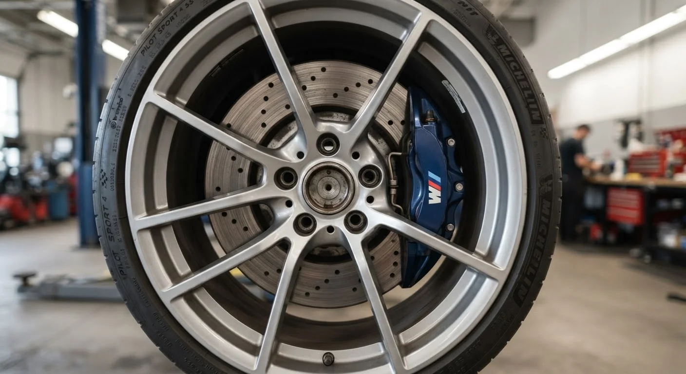 Close-up view of a disc brake rotor and caliper through an alloy wheel