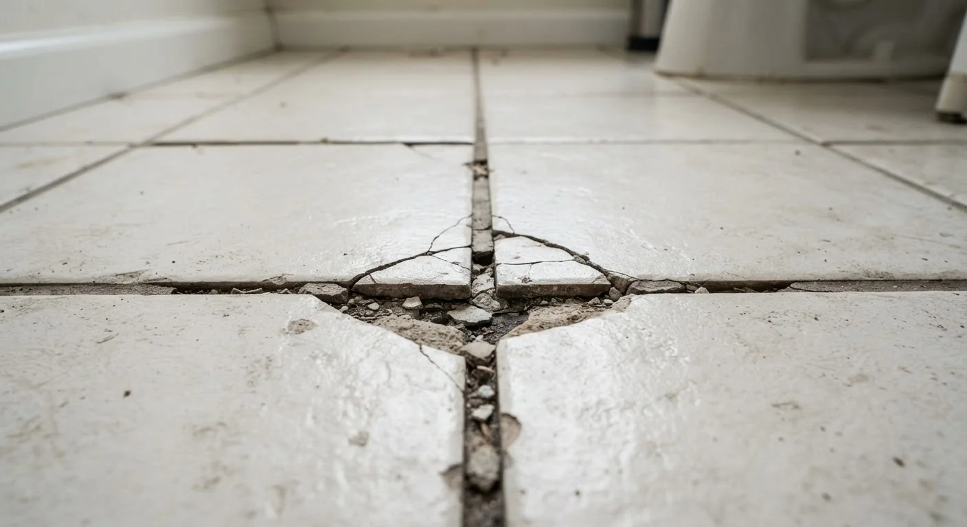 Close-up of cracked grout lines between bathroom floor tiles showing visible fractures