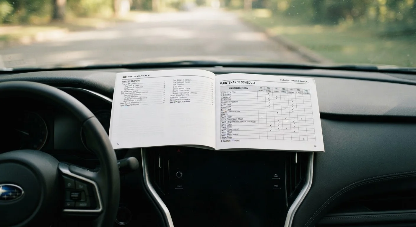 Car owner's manual open to maintenance schedule page resting on a vehicle dashboard