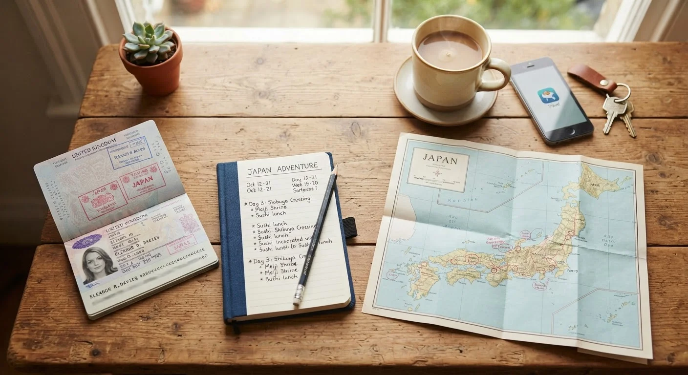 Overhead view of a travel planning workspace with passport, map, notebook, and coffee cup