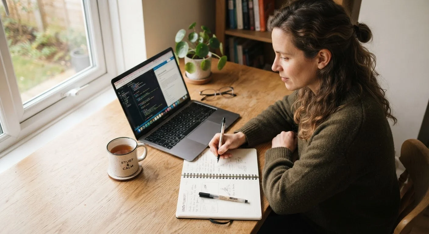 Adult learner studying at a desk with a laptop and open notebook in natural light