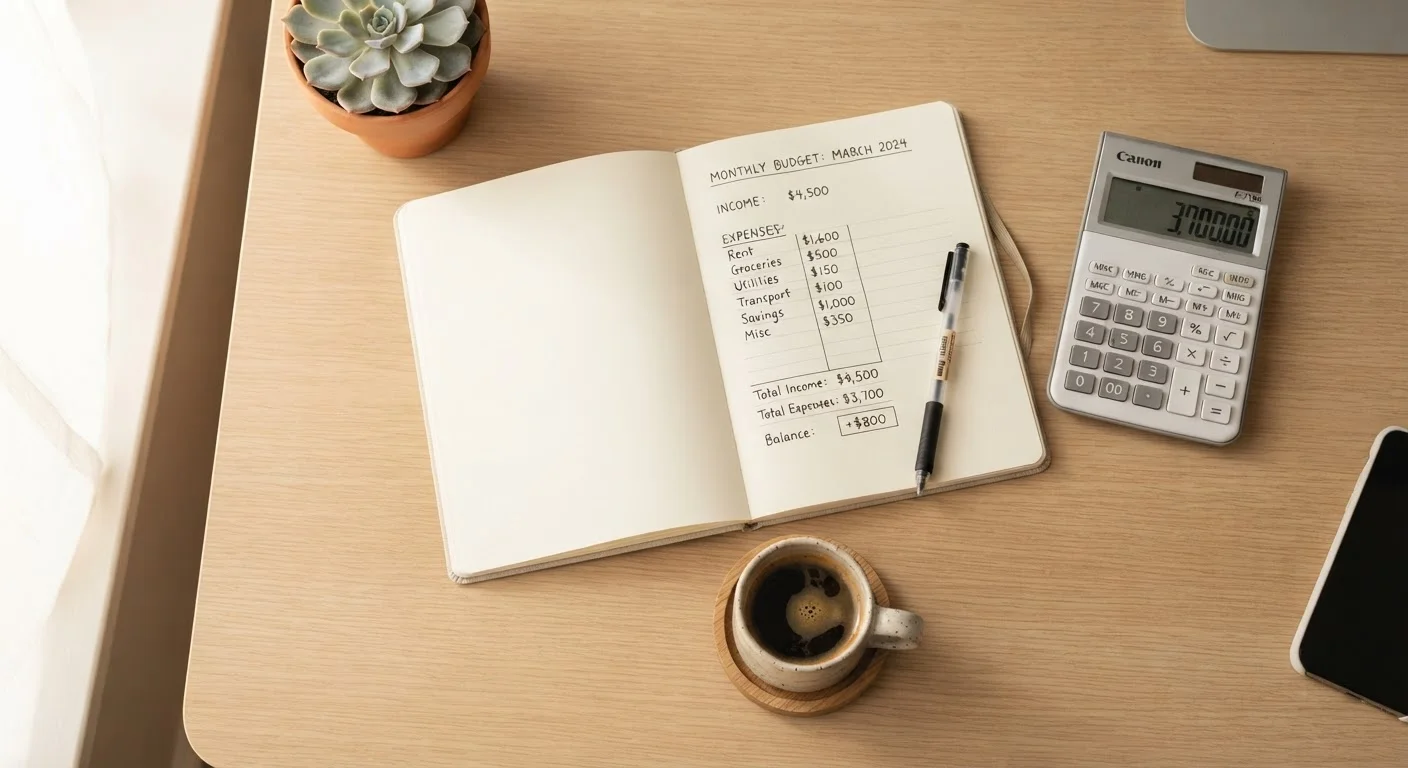 Open budget notebook with handwritten expense categories on a tidy desk with a calculator and pen