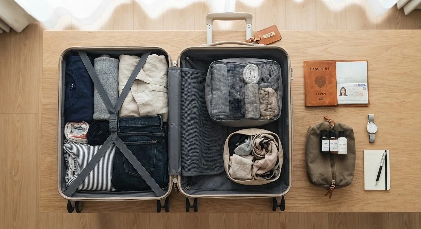 Open carry-on suitcase with rolled clothes, packing cubes, passport, and toiletry bag on a wood surface