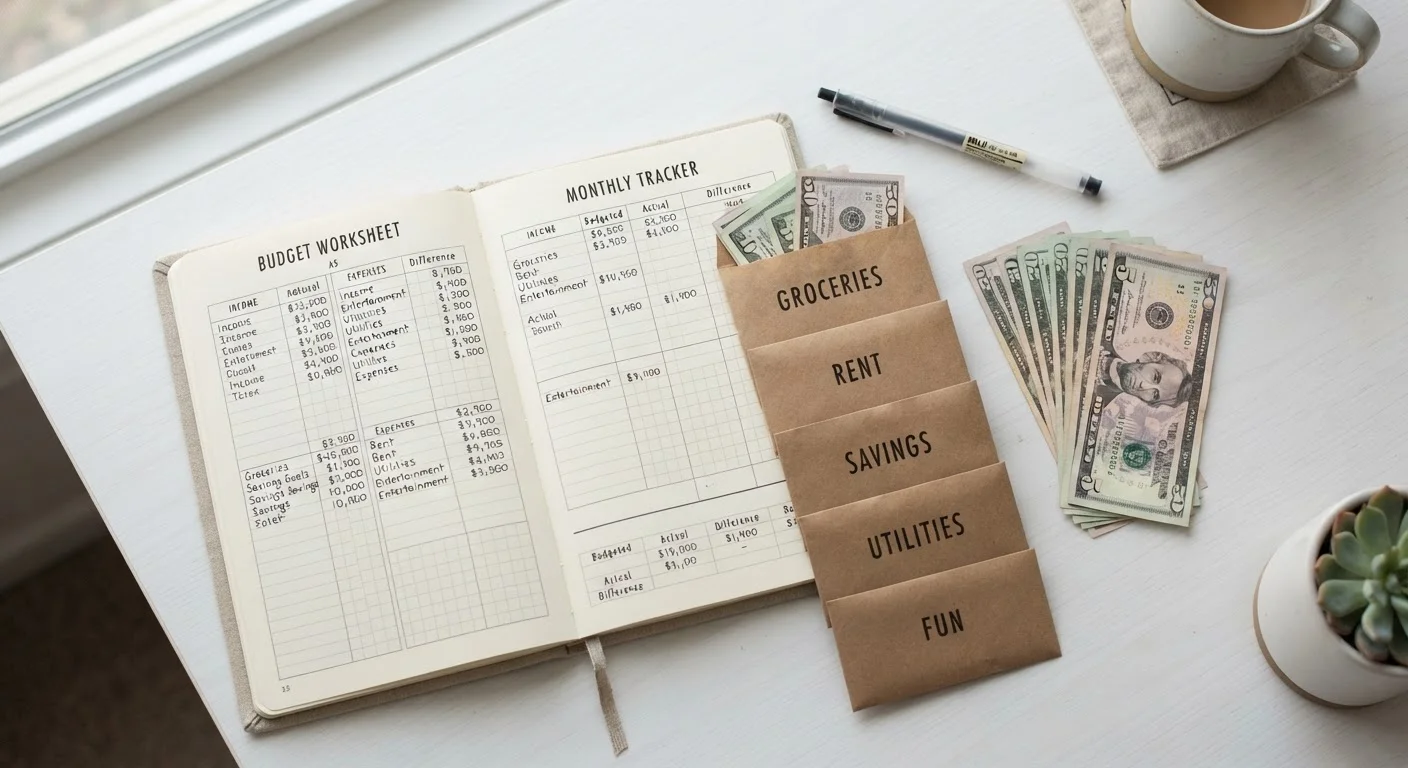 Open budget notebook surrounded by labeled envelopes and dollar bills on a white desk
